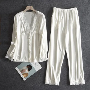 Sonbahar Kış Uzun Kollu Pantolon Takım Elbise Kıyafeti Pijama Kadife Kadın Pijama Pijama SuitSexy V Yaka Dantel Trim Ev Giysileri 6