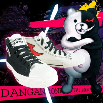 Anime Kostüm Danganronpa Ayakkabı Monokuma Cosplay Plimsolls Kızlar İçin Kadın Bahar Cadılar Bayramı Yüksek top kanvas sneaker 15