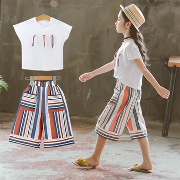 Kızlar Yaz Giyim 2020 Yeni Moda Setleri çocuk Beyaz Üstleri Ve Çizgili Geniş Bacak Pantolon Takım Elbise Kısa Kollu İki Parçalı 2