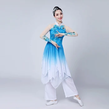 Çin tarzı Hanfu klasik dans kostümü yetişkin kadın kare dans Yangge kostümleri fan dans seti 18