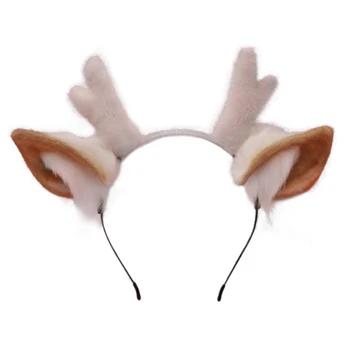 Uzun Kürk Kafa Kürklü Ren Geyiği Kulaklar Şapkalar Boynuz Saç Çember Cadılar Bayramı Açık Kahverengi Boynuz Cosplay Başlığı Parti Malzemeleri 10