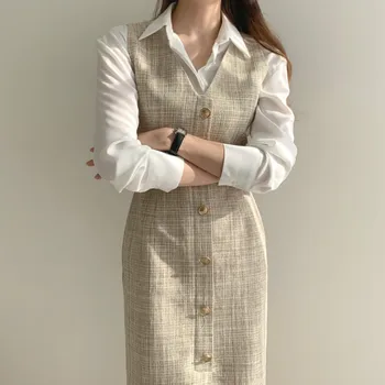 Kadın İki Parçalı Kıyafetler 2020 Sonbahar Moda Gömlek Ve Kolsuz Elbiseler Takım Elbise Kore Bayanlar V Yaka Tek Göğüslü Yelek Elbise 11
