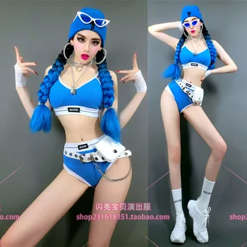 Yeni Bar kadın Kostüm Kurşun Dansçı Dans Takımı Mavi Bikini Uzun Dokuma Şapka Performans Kostüm Seksi Takım Elbise 10