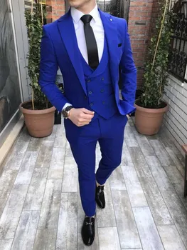 Özel Yapılmış Erkek Takım Elbise Kraliyet Mavi Damat Smokin Notch Yaka Groomsmen Düğün En Iyi Adam 3 Adet ( Ceket+Pantolon+Yelek+Kravat) c885 7
