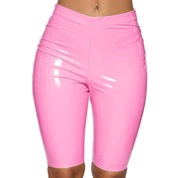 Kadın ıslak Bak Patent deri şort bayanlar parlak yüksek bel diz boyu kısa düz renk tayt pantolon Clubwear 8