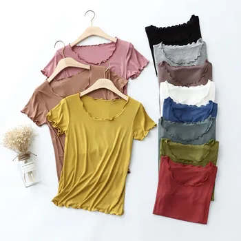 Yaz Katı O Boyun T Shirt Kadın Kısa Kollu Üstleri Gevşek Üstleri Bayanlar Rahat Modal Yumuşak Temel Tees Kadın Seksi Gömlek Tees 15