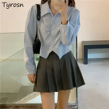 Kırpılmış Katı Gömlek Kıvrımlar Düzensiz Hem Kadın Moda Uzun Kollu Bahar Sonbahar Kore Tarzı Öğrenciler Tüm Maç Ulzzang Chic 6