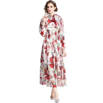 Bahar Sonbahar Lüks Kırmızı Gül Baskı Şifon Maxi Parti Uzun Elbise Yüksek Elastik Bel Lady Casual Elbise Vestidos k6653 10