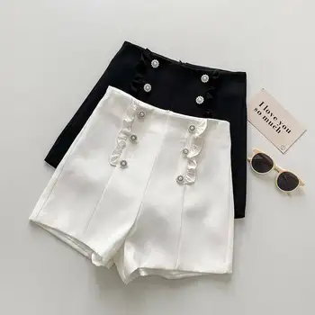 Zarif Yüksek Bel A-Line Takım Elbise Şort Kadın Kore Moda İnci Toka Beyaz Siyah Ofis Kadın Giyim Şort Feminino C8021 5