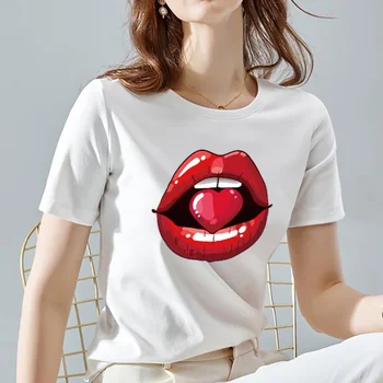 Kadın T-shirt Dudak Baskı Serisi Tüm Maç kadın Gömlek İnce T-shirt Bayanlar Yaz O-Boyun Kısa Kollu Sokak Moda Üst 19
