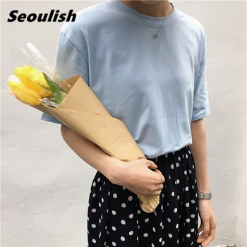 Seoulish 2021 Yeni Yaz Pamuk Kısa Kollu kadın T-shirt Temel Çok Renkli O-boyun Rahat Gevşek Kadın Düz Gömlek Üstleri Tee 6