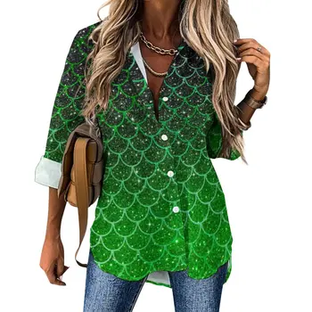 Yeşil Mermaid Ölçekler Casual Bluz Uzun Kollu Ombre Glitter Baskı Komik Bluzlar Kadınlar Sokak Büyük Boy Gömlek Tasarım Üstleri Hediye 2