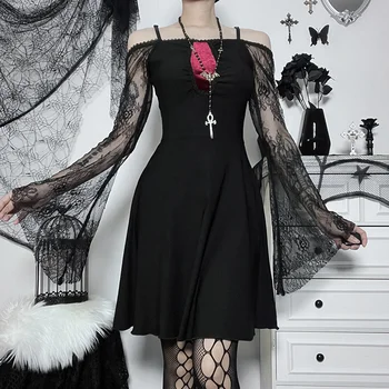 Cadılar bayramı kadın Ince Moda Elbise Diablo Gotik Cosplay Kostüm Bir Omuz Dantel Splice Perspektif Cadı Giyim VSF3 2