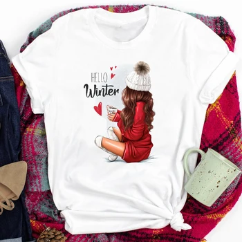 Kadın T-Shirt Kahve Kız Kış Saati Sevimli 90s Mutlu Tatil Merry Christmas Baskı Üstleri Kadın Giysileri Yaz O-Boyun Streetwear 16