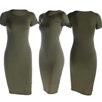 Düz Renk Moda O-Boyun Kısa Kollu Kadın Casual Slim Uzun Kalem Elbise Düz renk tasarım basit ve zarif 5
