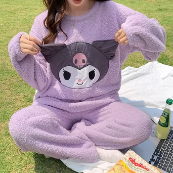 Yeni Kawaii Sevimli Sanrio Kuromi Mercan Kadife Pijama Ev Giysileri Takım Elbise Yuvarlak Boyun Kalınlaşma Kız noel hediyesi Kız Arkadaşı İçin 6