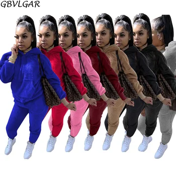 GBVLGAR Kadın Kadife Eşofman Cepler Eşofman İki Parçalı Set Güz 2020 Kadın uzun kollu Giyim Sweatpants Ve Hoodie Seti 6