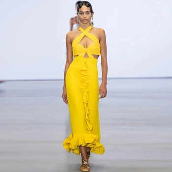 Ruffled Cady Midi Elbise Hatler Sarı Saten Elbise Ayak Bileği Uzunluğu Parti Elbiseler Kadınlar İçin Zarif Saten ve Tül Elbise Akşam 2