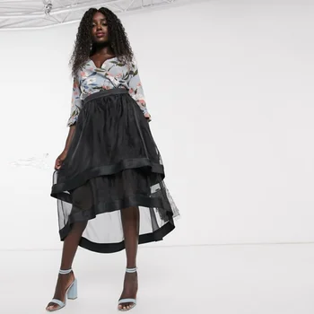 Yeni Moda Siyah Yüksek Düşük Tül Etekler Organze Kenar Seksi Kadın Yaz Etek Orta Buzağı Tül Etekler Fermuar 17