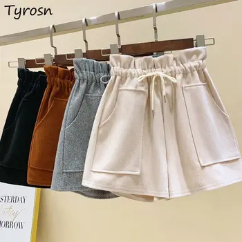 Yün Şort Kadın Sıcak Tutmak Cep İpli Casual Baggy Kısa Mujer Zarif Retro Tüm Maç Geniş Bacak Pantolon Sonbahar Kış 2