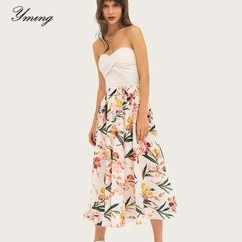 YMING kadın Yaz plaj elbisesi Bohemian Baskı Elastik Bel A-line Uzun Etek kadın Zarif Çiçek Etek 5