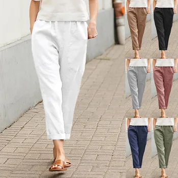 HONGHANYUAN to 5XL Bayanlar Büyük Cep Düz Renk Rahat Keten Pamuk Rahat Düz Moda Pantolon Düz Bacak Pantolon Kadın 8