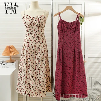 YornMona Zarif Çiçek Baskı Kadınlar Vintage Elbise Temel Spagetti Kayışı A-line uzun elbise Kore Moda Kadın Vestidos 2